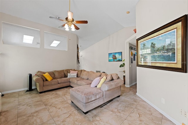 living room featuring ceiling fan and vaulted ceiling