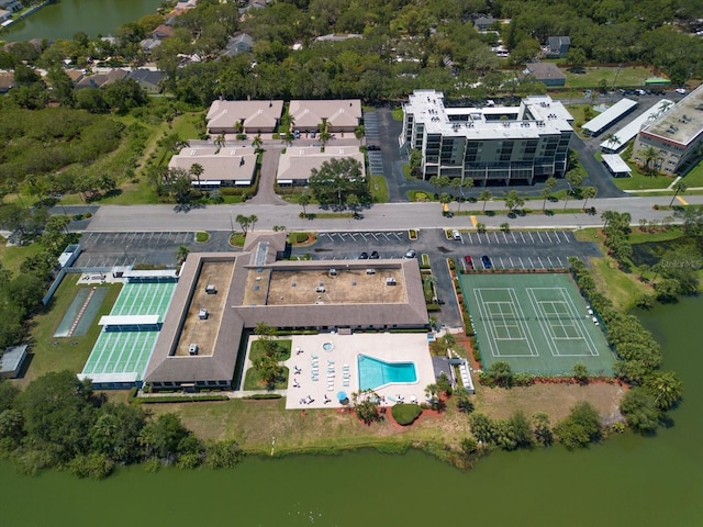 drone / aerial view with a water view