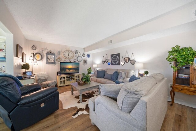 living room with hardwood / wood-style floors and vaulted ceiling