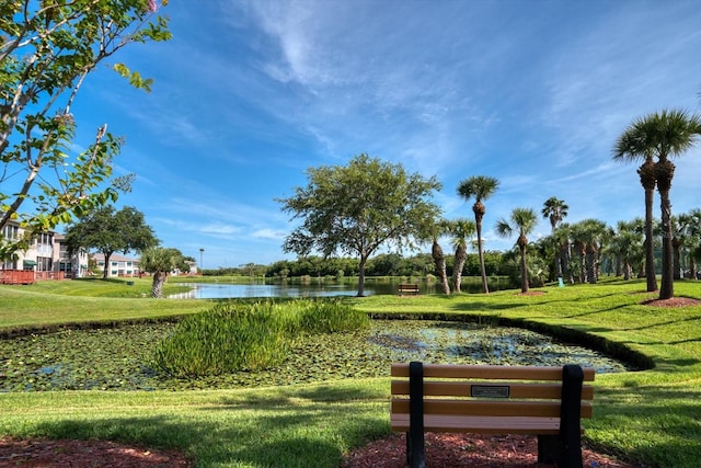 surrounding community with a water view and a lawn