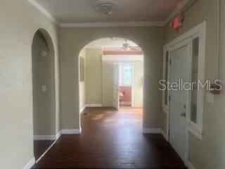 hallway featuring dark hardwood / wood-style flooring and ornamental molding