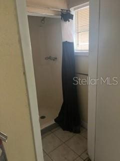 bathroom featuring walk in shower and tile flooring