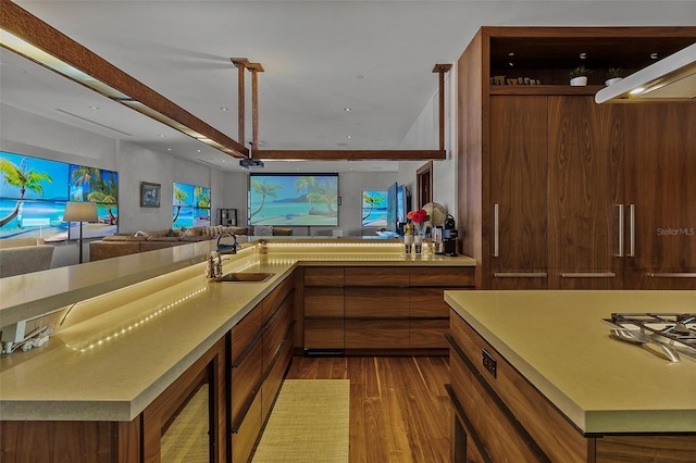 kitchen with light hardwood / wood-style floors, sink, and exhaust hood