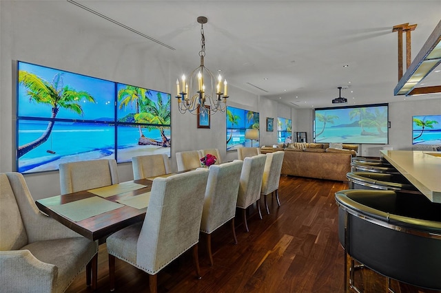 dining space featuring dark hardwood / wood-style flooring and a notable chandelier