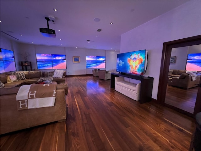 home theater featuring wood-type flooring