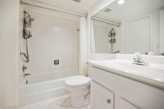 full bathroom with shower / bath combination with curtain, toilet, tile floors, and vanity