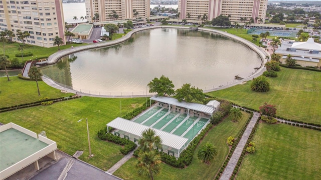 drone / aerial view with a water view