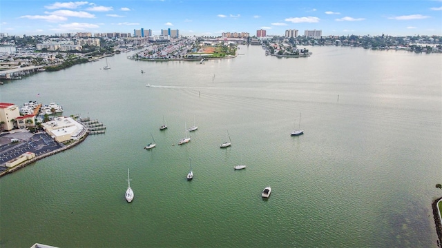 bird's eye view with a water view