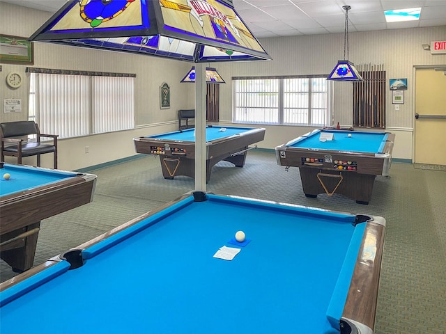 recreation room featuring carpet flooring, pool table, and a paneled ceiling