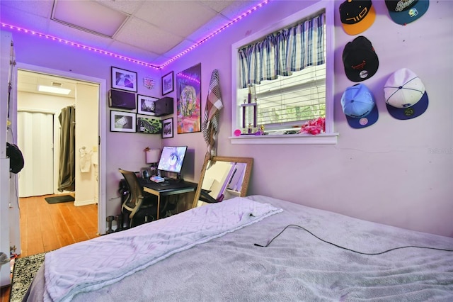 bedroom with wood-type flooring and a paneled ceiling