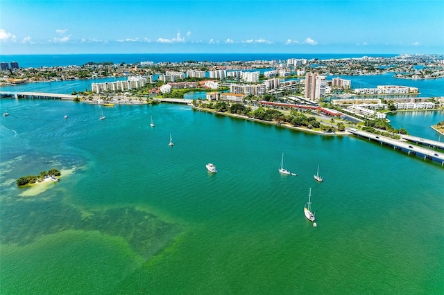 bird's eye view with a water view