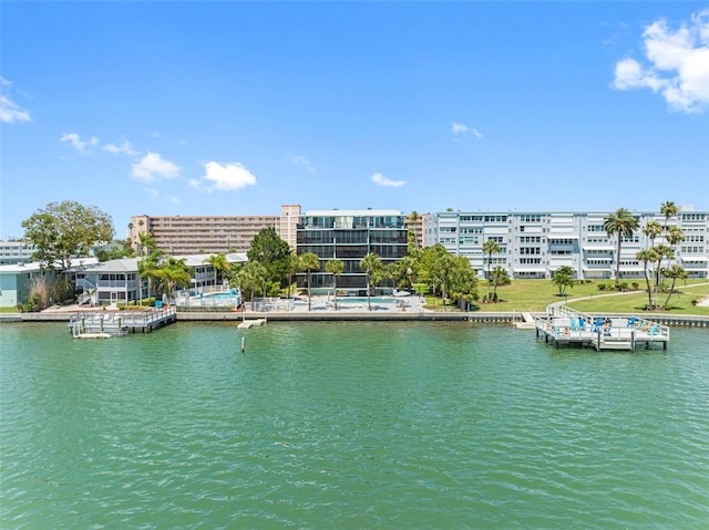 view of water feature with a boat dock