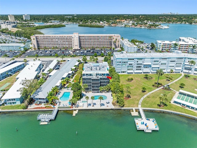 bird's eye view with a water view