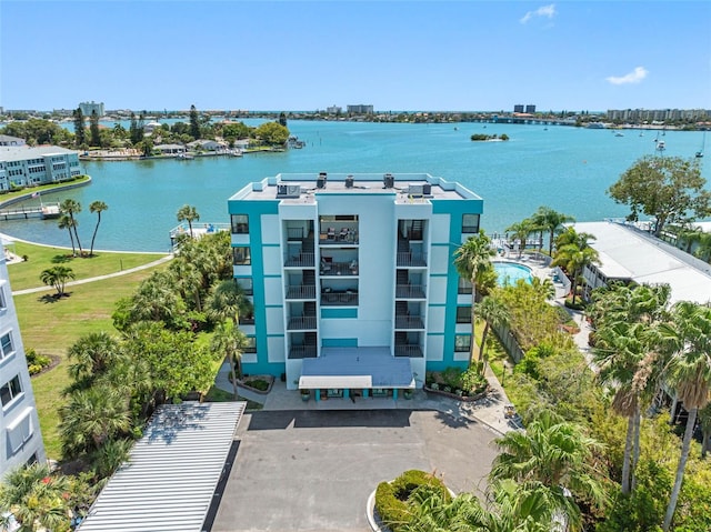 drone / aerial view with a water view