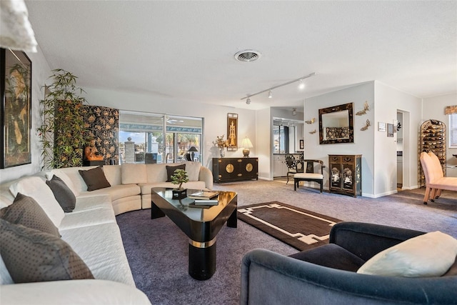 carpeted living room with rail lighting and a textured ceiling