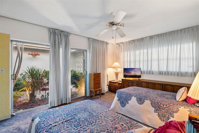 carpeted bedroom with multiple windows and ceiling fan