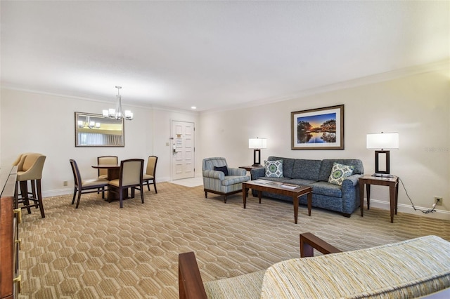 carpeted living room featuring crown molding and an inviting chandelier