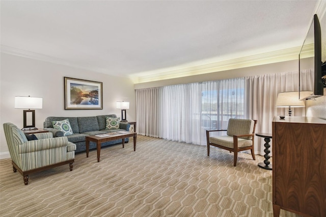 living room featuring light colored carpet and crown molding