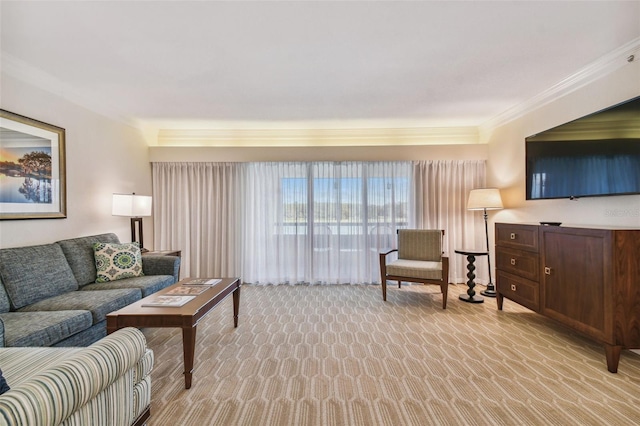 living room with crown molding and light colored carpet