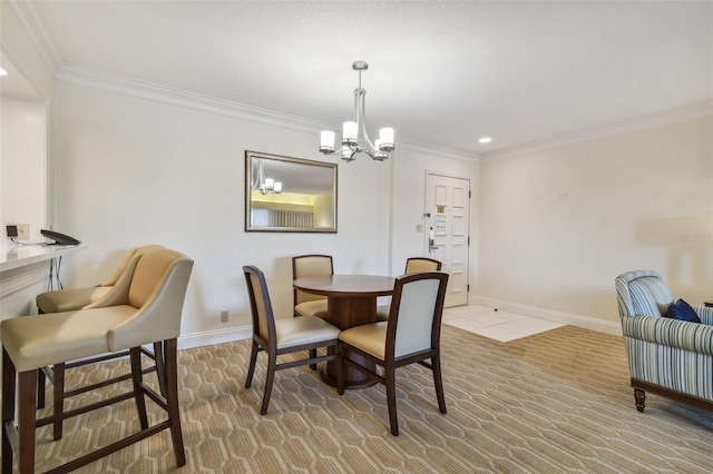 carpeted dining space featuring an inviting chandelier and crown molding