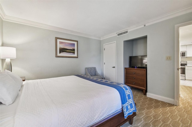 carpeted bedroom featuring crown molding