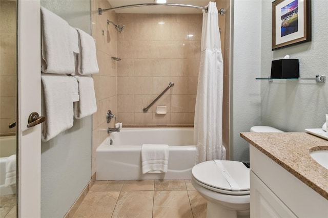 full bathroom featuring tile floors, toilet, shower / bathtub combination with curtain, and vanity