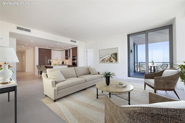 living room with sink and a wall of windows