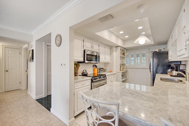 kitchen featuring stainless steel appliances, a tray ceiling, sink, and white cabinets