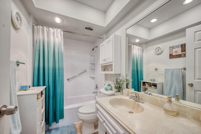 full bathroom with shower / tub combo, vanity, tile patterned flooring, and toilet