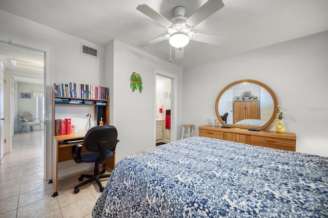 bedroom with ceiling fan and light tile patterned floors