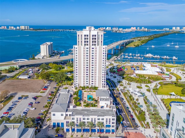 aerial view featuring a water view