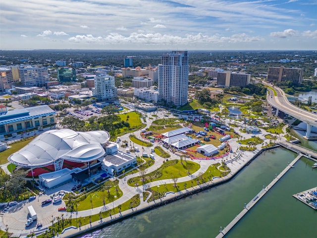 bird's eye view with a water view