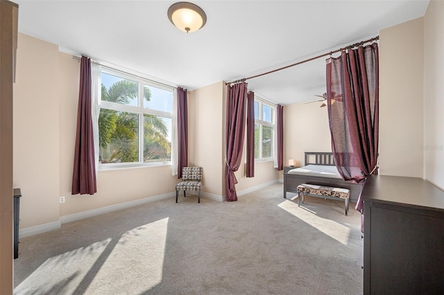 bedroom featuring light carpet and multiple windows