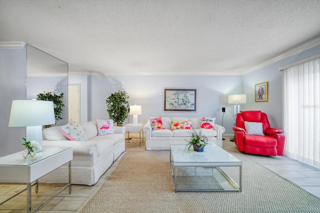 living room featuring a textured ceiling and crown molding