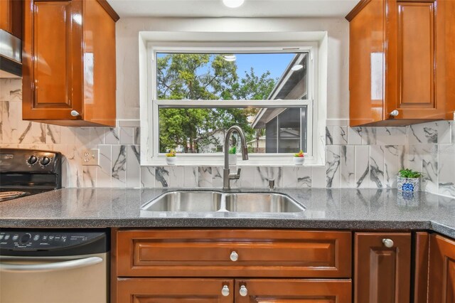 kitchen featuring stainless steel dishwasher, decorative backsplash, and sink