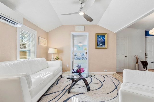 living area featuring vaulted ceiling, a wall mounted air conditioner, a ceiling fan, and baseboards