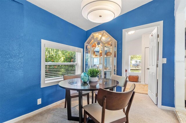 dining area with plenty of natural light, baseboards, carpet flooring, and a textured wall