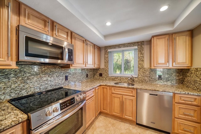 kitchen featuring a raised ceiling, light stone counters, sink, and stainless steel appliances