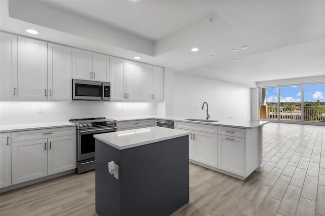 kitchen with a center island, kitchen peninsula, sink, and appliances with stainless steel finishes