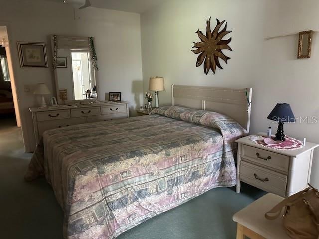 bedroom featuring dark carpet