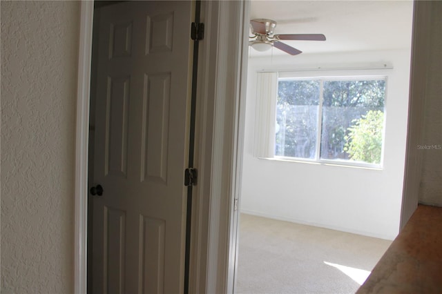 corridor featuring light colored carpet