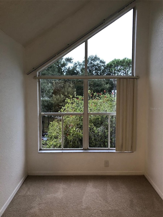 unfurnished room with carpet and vaulted ceiling