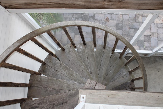 staircase with wood walls