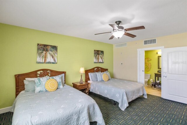 bedroom featuring connected bathroom and ceiling fan