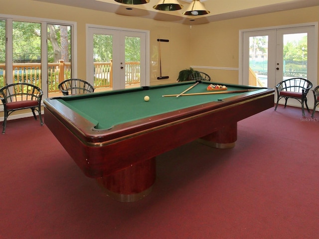 game room with carpet flooring, french doors, and billiards