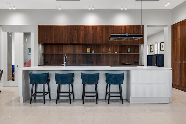 kitchen featuring light countertops, a sink, modern cabinets, a large island with sink, and under cabinet range hood