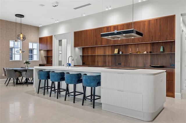 kitchen featuring under cabinet range hood, modern cabinets, open shelves, and a spacious island