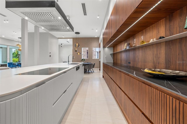 kitchen with dark countertops, modern cabinets, black electric stovetop, and open shelves