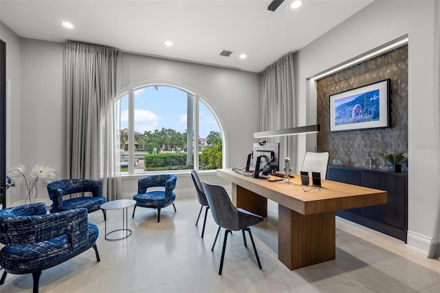 office featuring a ceiling fan, recessed lighting, visible vents, and baseboards