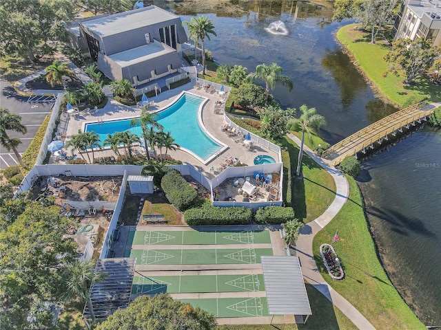 drone / aerial view featuring a water view